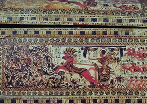 Tutankamón (c.1370-1352 a.C.) en su carro atacando africanos, detalle del lado de un cofre, Nuevo Reino, c.1340 a.C.