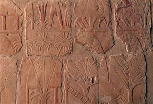 Aldea con cabañas, escenas del reino de Punt, muro sur de la columnata central, Templo mortuorio de Hatshepsut, Deir el-Bahari, Necrópolis tebana (Lista del Patrimonio Mundial de la UNESCO
