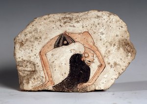 Una mujer acróbata bailarina, Ostrakon. Piedra caliza, circa 1295-1186 a.C.