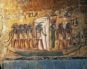 Egipto, Luxor, antigua Tebas, Valle de los Reyes, tumba de Seti I, frescos que representan una barca solar con un dios con cabeza de carnero
