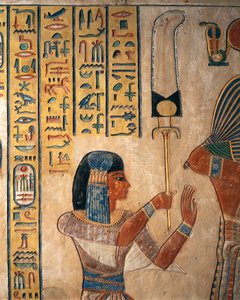 Egipto, Luxor, Antigua Tebas, Valle de las Reinas. Tumba de Amón Khopechef, hijo de Ramsés II príncipe que sostiene flabellum (abanico). de Egyptian 19th Dynasty