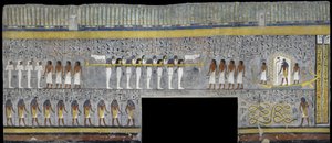 Egipto, Tebas, Luxor, Valle de los Reyes, Tumba de Ramsés I, pintura mural de Ra en la barca solar en la cámara funeraria de la dinastía XIX de Egyptian 19th Dynasty