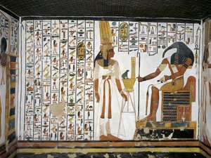 Egipto, Tebas, Luxor, Valle de las Reinas, Tumba de Nefertari, Anexo a la antecámara, Pinturas murales, Reina ante el escriba divino Thoth