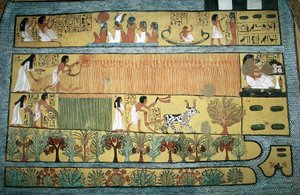 Egipto, Tebas, pueblo de trabajadores estatales en Dayr al-Madinah (Deir el-Medina), tumba de Sennedjem, fresco que representa escenas agrícolas en los campos de Ialu, Reino Nuevo, dinastía XIX de Egyptian 19th Dynasty