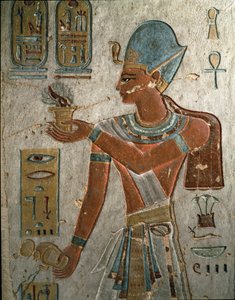 Antigüedad egipcia: El faraón Ramsés I representa quemando incienso y vertiendo agua en una ceremonia. Volumen de Ramsés I, Valle de los Reyes, Egipto de Egyptian 19th Dynasty