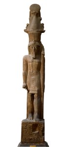 Antigüedad egipcia: estatua del faraón Sethi II (Seti o Sety) (1200-1194 a.C.) de la dinastía XIX en gres rosa, lleva un cetro con el símbolo del dios Amón, Dim. 465 cm. Museo Egipcio de Turín de Egyptian 19th Dynasty