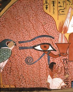 Antigüedad egipcia: el artesano Pached (o Pashedou) arrodillado en adoración cerca de él, el ojo de Horus Oudjat. Fresco de la tumba de Pachedou, Deir el Medinet, Egipto de Egyptian 19th Dynasty