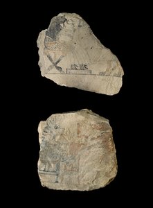 Ostraca de piedra caliza con bocetos humorísticos en tinta roja y negra