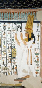 Nefertari frente a la primera puerta del Reino de Osiris, levantando los brazos en señal de adoración, fresco, cámara funeraria, Tumba de Nefertari (QV66), Valle de las Reinas, Tebas de Egyptian 19th Dynasty