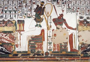 Osiris y Atum, fresco, pared este, cámara lateral este, Tumba de Nefertari (QV66), Valle de las Reinas, Tebas (Lista del Patrimonio Mundial de la Unesco) de Egyptian 19th Dynasty
