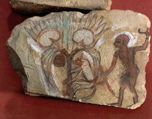 Ostrakon que representa a un mono recogiendo dátiles observado por un joven de Egipto, Tebas Occidental, Deir el-Medina de Egyptian 19th Dynasty