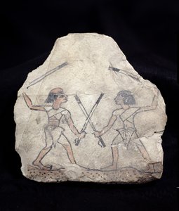 Ostrakon que representa a dos hombres luchando con palos, de Deir El-Medina, Nuevo Reino (piedra pintada)