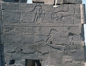 Batalla de Seti I contra Palestina, relieve, muro exterior este de la Gran Sala Hipóstila, complejo de templos de Karnak (Lista del Patrimonio Mundial de la Unesco