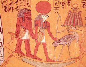 Barca solar con Re-Horakhty, el pájaro benu y otros cuatro dioses, de la Tumba de Sennedjem, Pueblo de los Trabajadores, Nuevo Reino de Egyptian 19th Dynasty