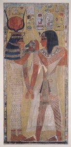 La diosa Hathor colocando el collar mágico en Seti I de Egyptian 19th Dynasty