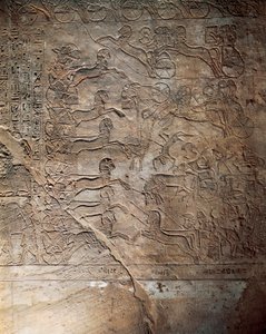 La batalla entre los egipcios y los hititas en Kadesh, relieve, Templo Principal de Abu Simbel (Lista del Patrimonio Mundial de la Unesco). de Egyptian 19th Dynasty