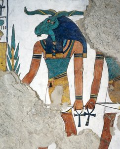 El mensajero con cabeza de carnero, tercera puerta del Reino de Osiris, capítulo 144 del Libro de los Muertos, fresco, cámara funeraria, Tumba de Nefertari (QV66), Valle de las Reinas, Tebas. Civilización egipcia, Nuevo Reino, Dinastía XIX