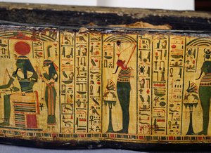 (detalle) de la base del ataúd exterior de la momia de Nesyamun, posiblemente encontrado en Deir El-Bahri, Nuevo Reino, c.1100 a.C. (madera pintada) de Egyptian 20th Dynasty