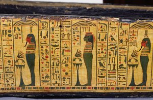 (detalle) de la base del ataúd exterior de la momia de Nesyamun, posiblemente encontrado en Deir El-Bahri, Nuevo Reino, c.1100 a.C. (madera pintada) de Egyptian 20th Dynasty