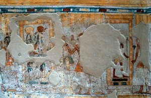 Antigüedad egipcia: representación de Shuroy y su esposa adorando al dios Thot y la diosa Ra. Tumba de Shuroy de Egyptian 20th Dynasty