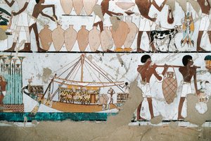 Pintura mural que representa una escena de transporte de vino en barco, del Reino Nuevo