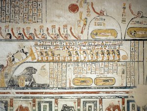 Procesión siguiendo la navegación celestial del dios Sol Ra, Libro de la Tierra, detalle de los frescos de la cámara funeraria de la Tumba de Ramsés VI, Valle de los Reyes, Luxor, Tebas (Lista del Patrimonio Mundial de la Unesco) de Egyptian 20th Dynasty