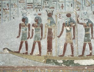 Relieve que representa a Jnum en una barca funeraria pasando por el Inframundo, de la Tumba de Ramsés III (c.1184-1153 a.C.) Nuevo Reino