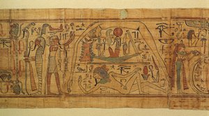 Libro de imágenes mitológicas de Nespakachuty, la separación del cielo y la tierra con la barca solar de Egyptian 21st Dynasty