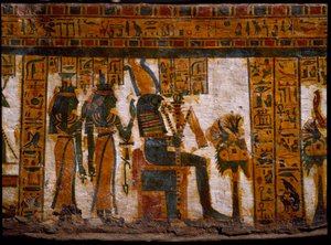 Antigüedad egipcia: las divinidades Isis y Neftis adorando a Osiris. Sostienen llaves de la vida en forma de cruz ansada (Ankh). Decoración del sarcófago antropoide del escriba Butehamon, dinastía XXI (1085-935 a.C.). Museo Egipcio de Turín de Egyptian 21st Dynasty