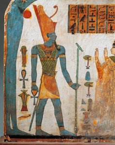 Estela de la dama Taperet, estela de madera pintada por ambas caras, cara B: Taperet rezando al dios Atum, el sol poniente, Tercer Periodo Intermedio, Dinastía XXII de Egyptian 22nd Dynasty