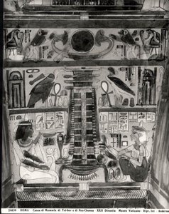 Dos figuras fallecidas pintadas en el costado del barril de las momias de Tet-Hov y Nes-Chonsu de Egyptian 22nd Dynasty