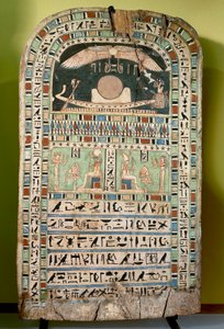 La diosa Udjarenes adorando al sol, a la izquierda el dios Ra-Horakhty, a la derecha el dios Atón, madera pintada. Civilización egipcia, Período Tardío, Dinastía XXVI de Egyptian 26th Dynasty