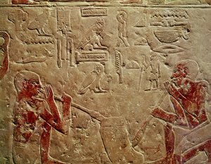 Relieve que representa sopladores de vidrio, de la Mastaba de Kaemrehu, Saqqara, Reino Antiguo, c.2325 a.C.