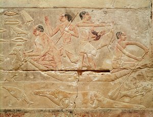 Relieve que representa a hombres en un bote, de la Tumba de la Princesa Idut, Reino Antiguo, c.2330 a.C. (caliza pintada)