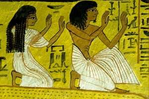 Antiguo Egipto, Pintura mural, Sennedjem y su esposa arrodillados ante los dioses, Tumba de Sennedjem, Tebas, Deir el Medina