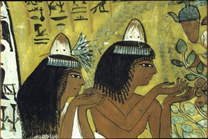Antiguo Egipto, Pintura mural, Sennedjem y esposa adorando a Isis en el árbol de Persea, Tumba de Sennedjem, Tebas, Deir el Medina