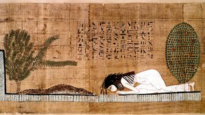 Antigüedad egipcia: un difunto adorando al cocodrilo, símbolo de fertilidad. Papiro del Libro de los Muertos. El Cairo, Museo Egipcio