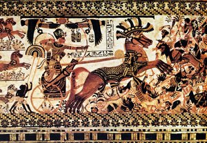 Pintura mural de una tumba egipcia que representa una escena de batalla