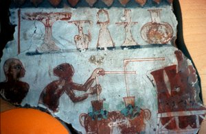 Fragmento de una pintura mural originalmente de Tebas, que representa a dos figuras masculinas en el acto de preparar o embotellar productos alimenticios en forma líquida, 1540-1479 a.C. (pintura mural) de Egyptian Egyptian