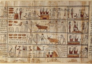 Antigüedades egipcias: los campos Elíseos. Pintura en papiro del Libro de los Muertos. Período Ptolemaico. Museo Egipcio de Turín de Egyptian Ptolemaic Period