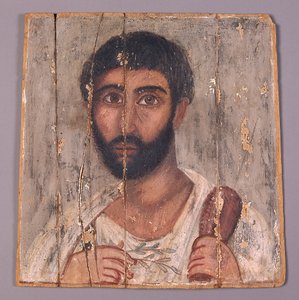 Retrato de hombre barbudo de un santuario, c.100 d.C. (temple sobre madera) de Egyptian School