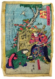 Comandante militar Doukan Mochisuke Oota en la aldea japonesa de flores Kerria, c.1875 (xilografía coloreada sobre papel japonés) de Eiichi Seisai
