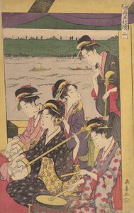 Una fiesta de geishas en un Suzumi-bune, es decir, barco para refrescarse. Segunda escena de un paseo en barco..., ca. 1796