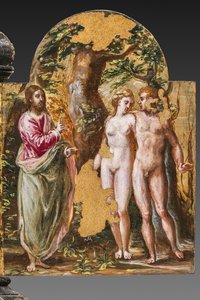 Parte trasera del altar portátil: Adán y Eva frente al Padre Eterno, detalle de 2384587 (temple grassa sobre tabla) de El Greco