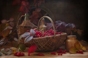 Naturaleza muerta con ramas y bayas otoñales de viburnum escarlata en estilo vintage. de Eleonora Grigorjeva