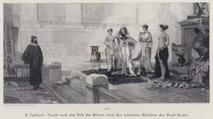 Artista griego antiguo Zeuxis eligiendo entre las mujeres más bellas de la ciudad de Crotona el modelo para su pintura de Helena de Troya (grabado) de Eleuterio Pagliano