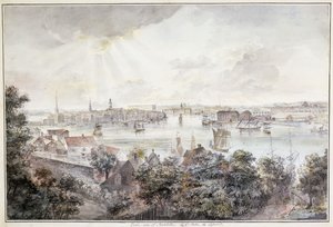 Una vista de Estocolmo desde Söder con el Palacio Real, Storkyrkan, Riddarholmskykan y Tyska kyrkan de Elias Martin