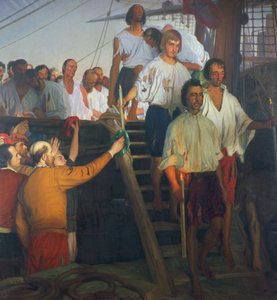 Juan Sebastián Elcano y su tripulación, pintura de Elias Salaverria Inchaurrandieta