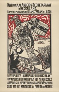 Afiche contra el militarismo publicado por la Secretaría Nacional de los Trabajadores en Holanda de Elias Smalhout