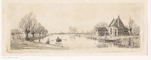 Paisaje de río con una casa de madera. de Elias Stark